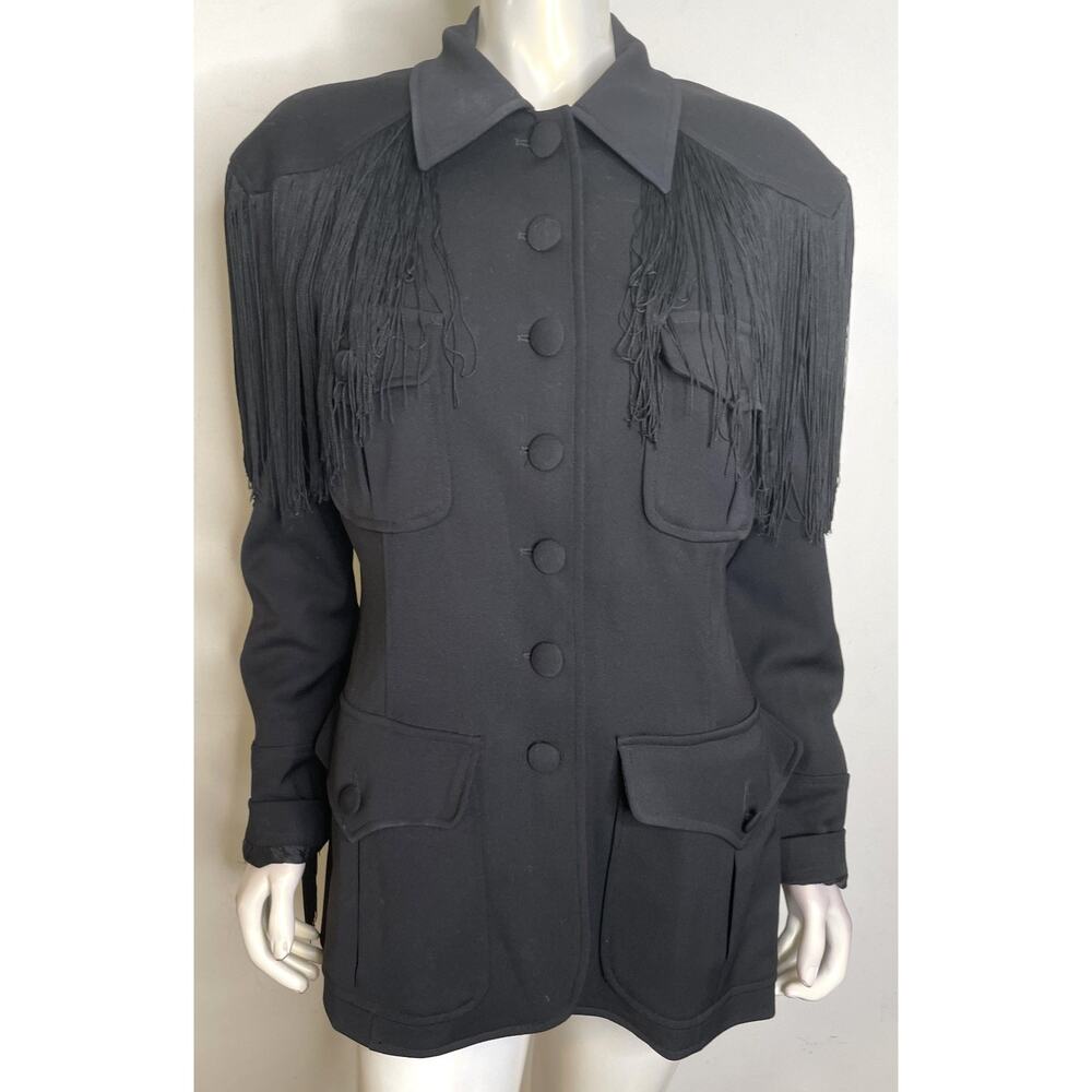 VTG Moschino Black Western Jacket Womens US 14 Wool Fringe Trim Button Front - Picture 2 of 16